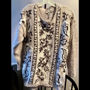 M L 1990s Hand Knit Fair Isle Paisley Beige Pullover Sweater